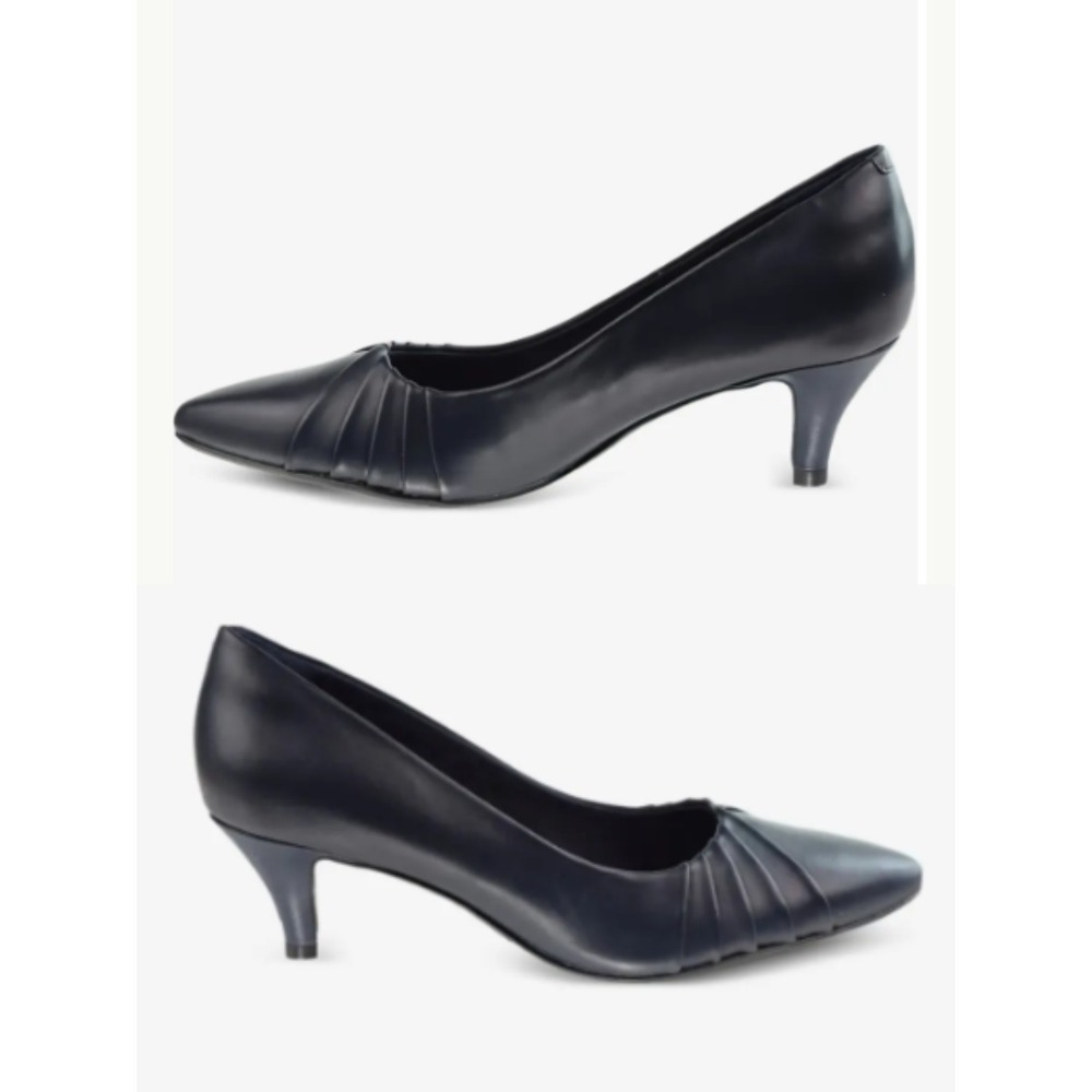 Clarks Pointed Toe Kitten Heel Pumps Navy Blue Leather Pleated Comfort Work Shoe